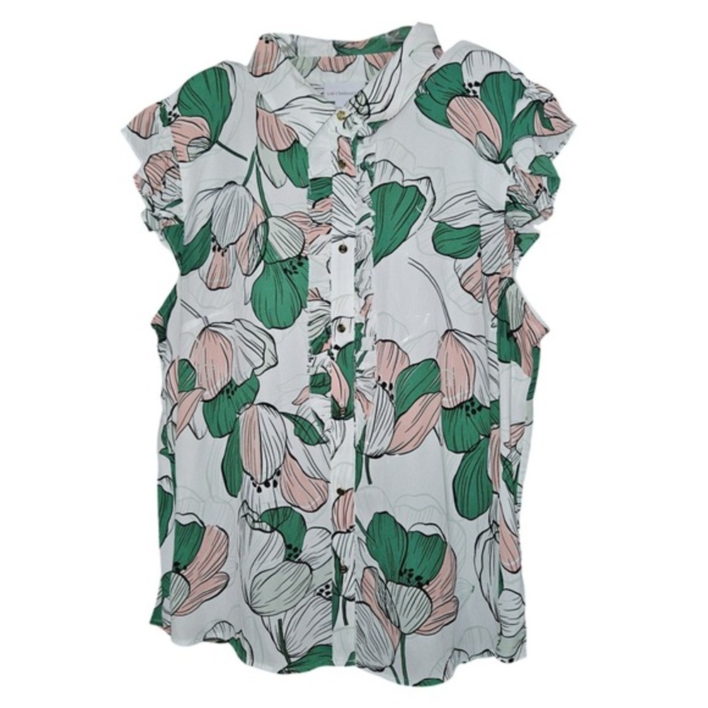 Liz Claiborne XL Floral Ruffle Button Down Blouse - Pink‎ & Green Garden Print
